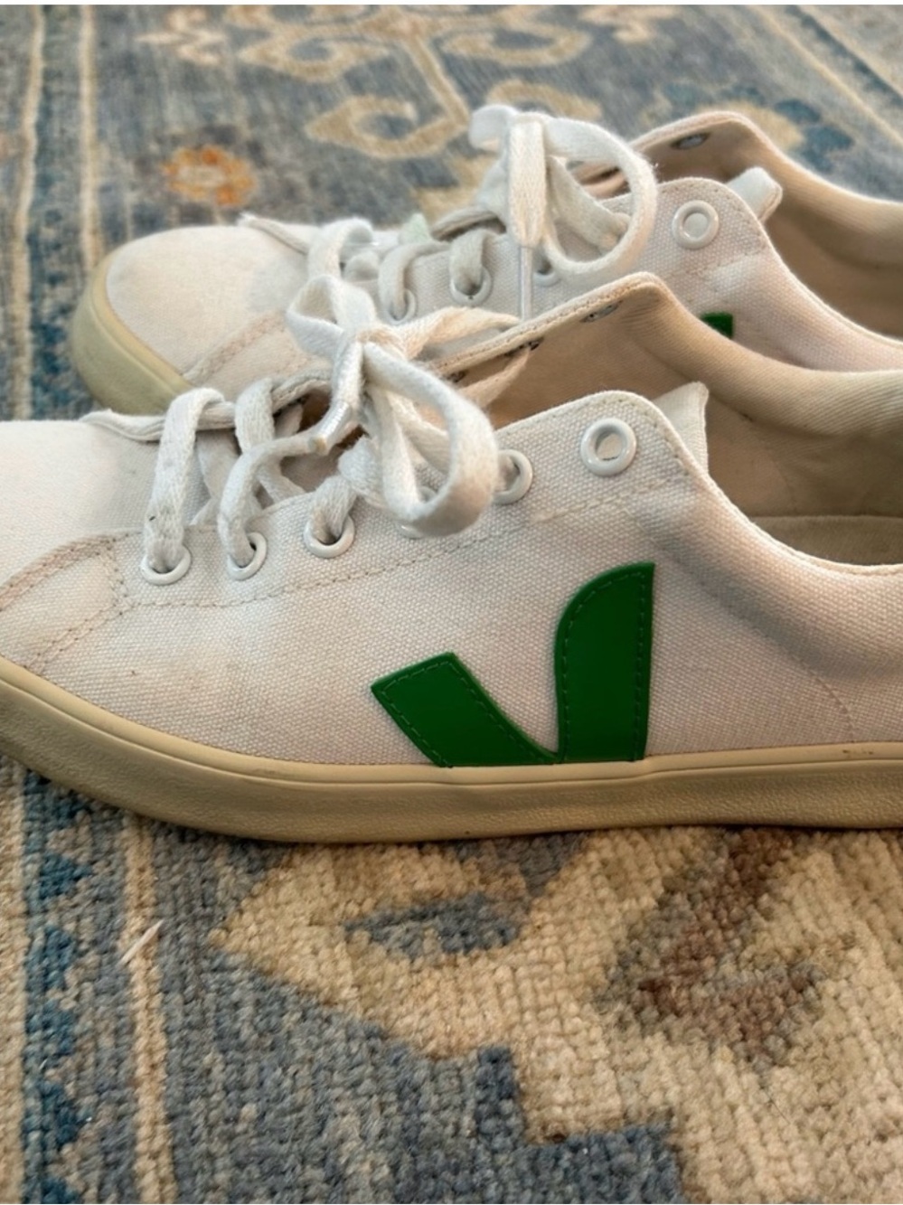 Veja Kids White Canvas Sneakers with Green V Accent